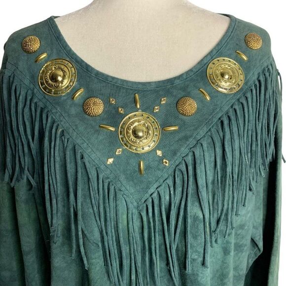 Vintage 90s Embellished Western T Shirt L Green Acid Wash Fringe Long Sleeves - Picture 2 of 5